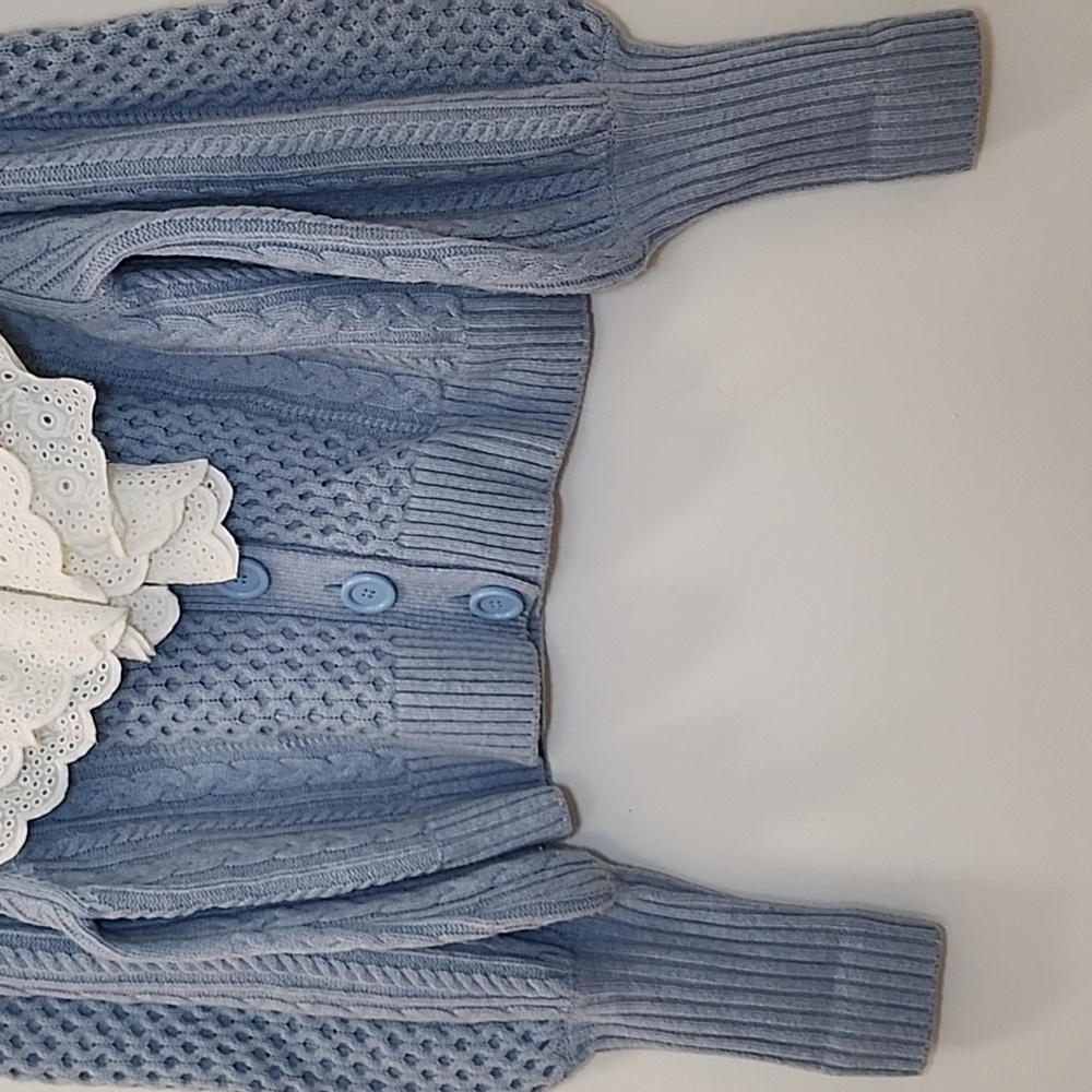 Sea NY Melanie cable-knit cropped cardigan light blue wool Broderie Collar XS - Picture 10 of 16